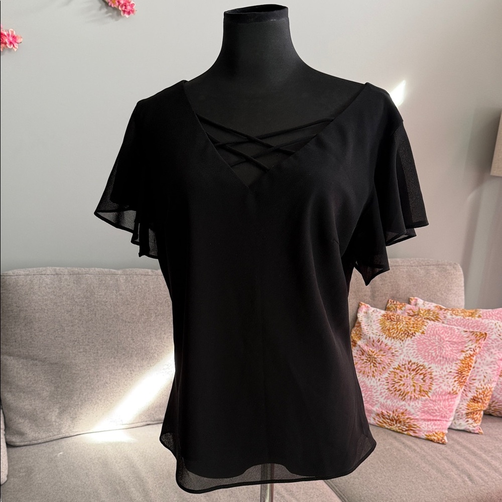 Chic Black V-Neck Blouse with Flutter Sleeves